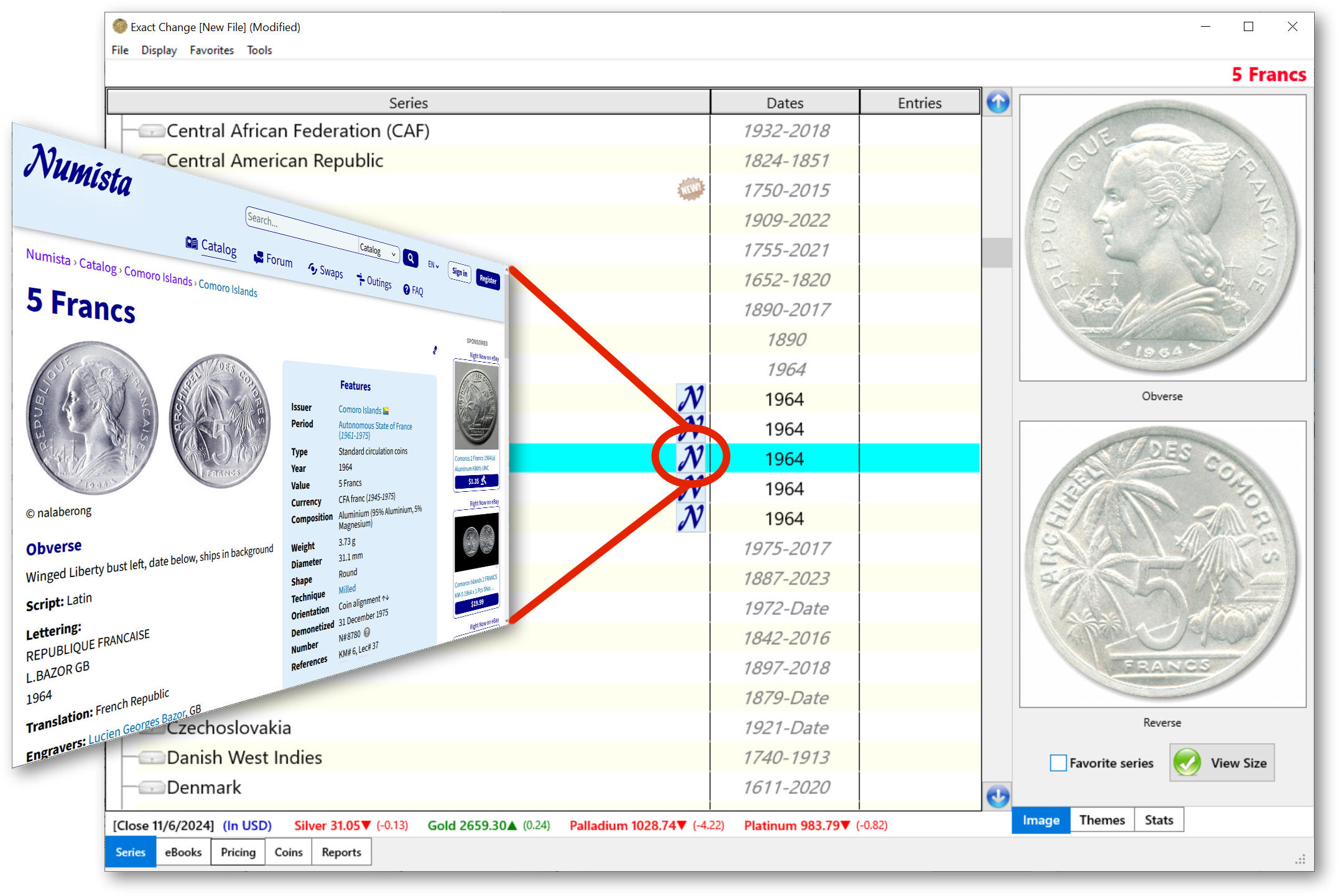 Exact Change software showing coin catalog for 5 Francs