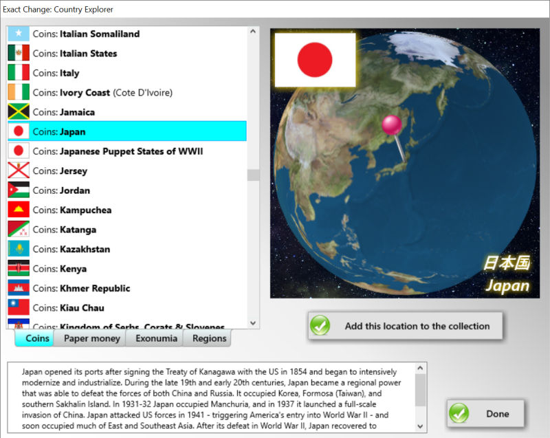 Exact Change Country Explorer showing Japan coin collection
